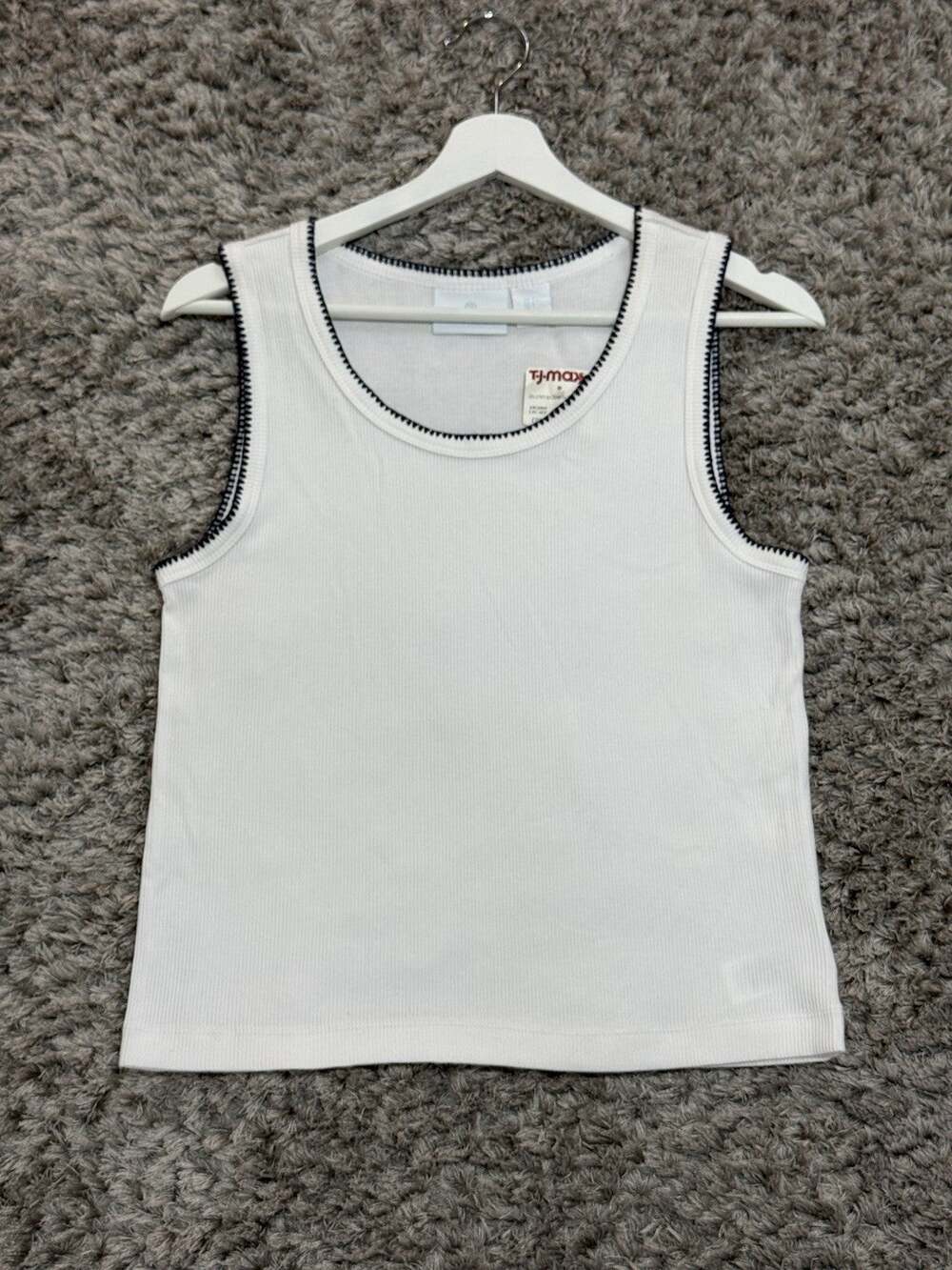 NWT Cynthia Rowley White Ribbed Tank Top Blue Contrast Crochet Stitch Trim L